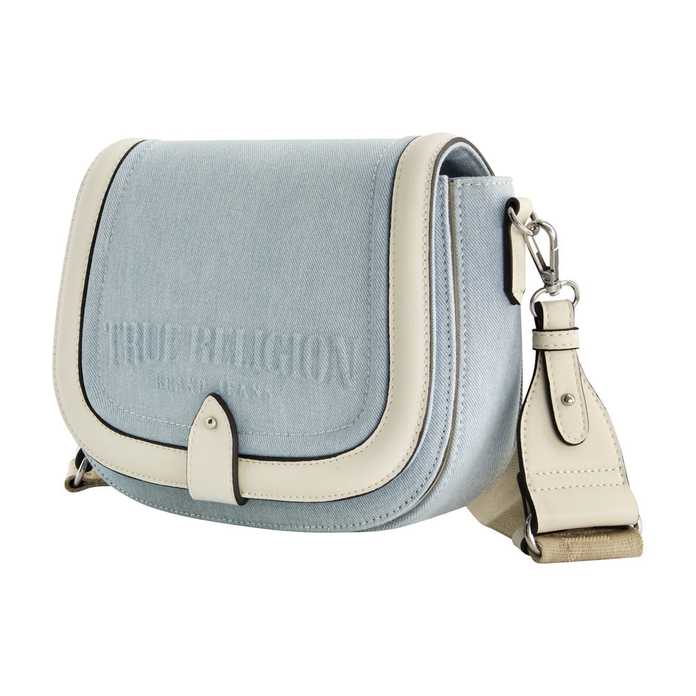 TRUE RELIGION DISTRESSED LOGO DENIM SADDLE BAG, LIGHT BLUE