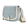 TRUE RELIGION DISTRESSED LOGO DENIM SADDLE BAG, LIGHT BLUE