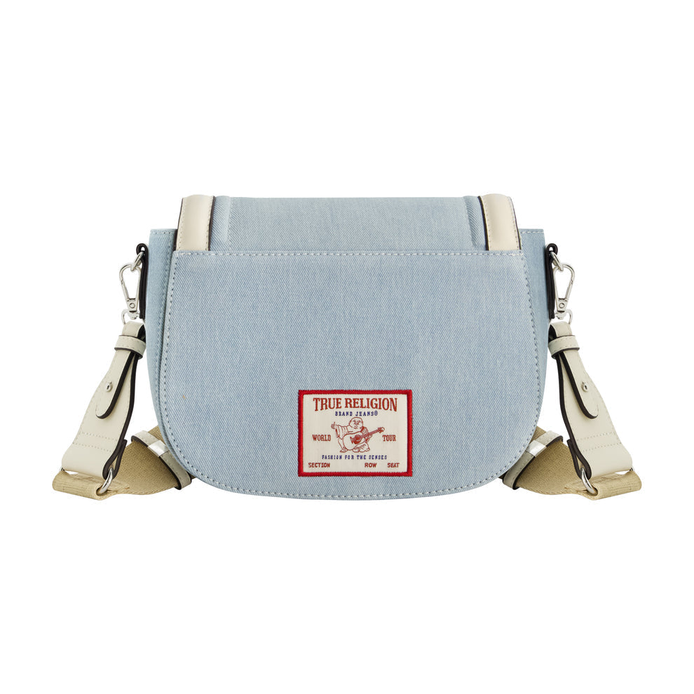 TRUE RELIGION DISTRESSED LOGO DENIM SADDLE BAG, LIGHT BLUE