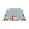 TRUE RELIGION DISTRESSED LOGO DENIM SADDLE BAG, LIGHT BLUE