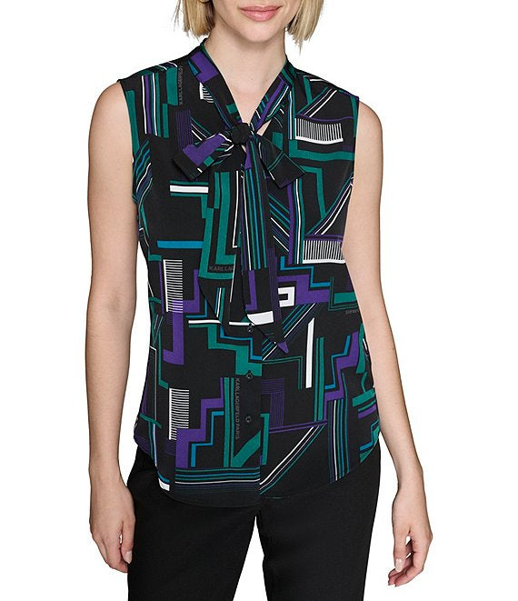 KARL LAGERFELD PARIS Printed Woven Tie Neck Sleeveless Button Down Blouse size small