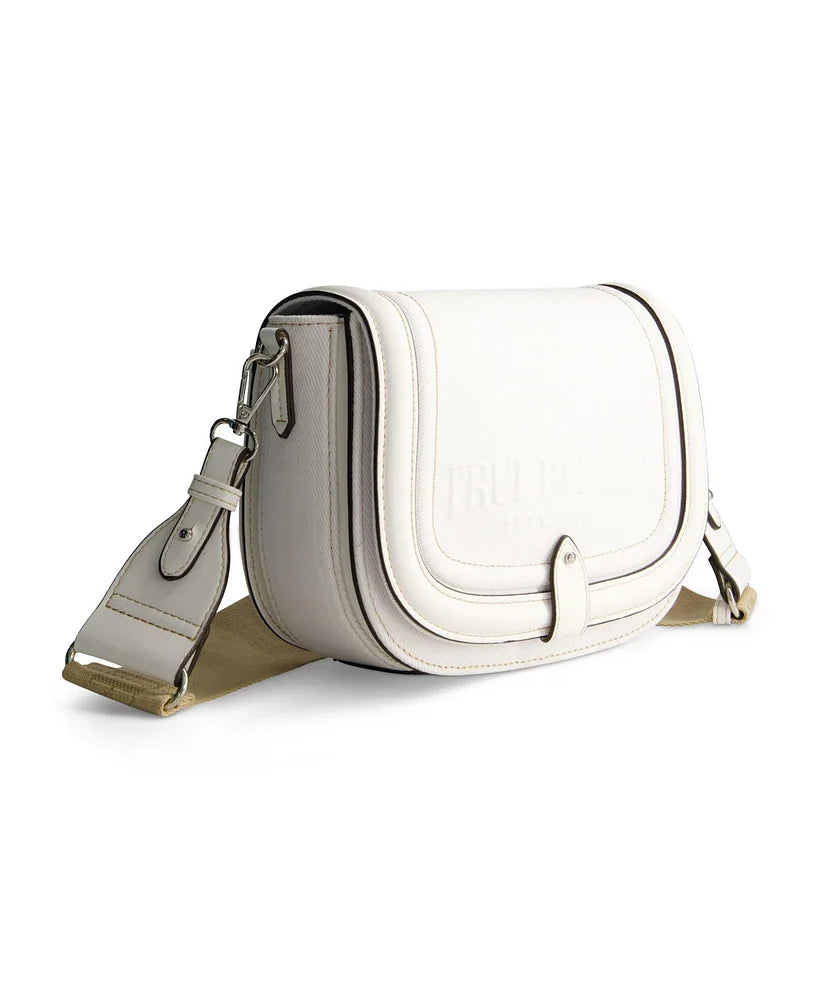 TRUE RELIGION DISTRESSED LOGO DENIM SADDLE BAG, WHITE