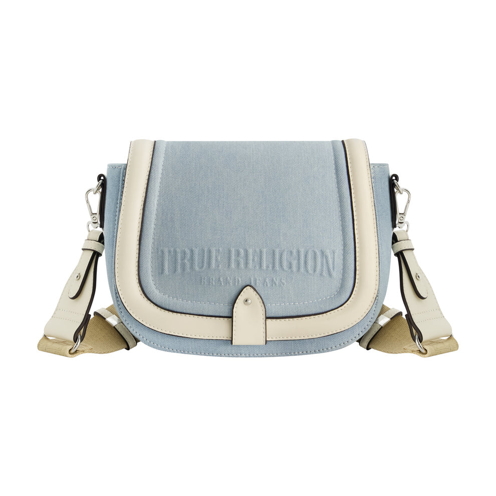 TRUE RELIGION DISTRESSED LOGO DENIM SADDLE BAG, LIGHT BLUE