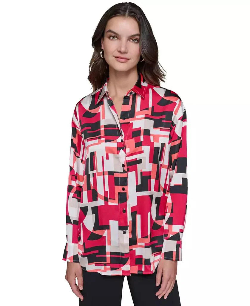 KARL LAGERFELD PARIS Women's Satin Printed Oversized Button-Front Top size M