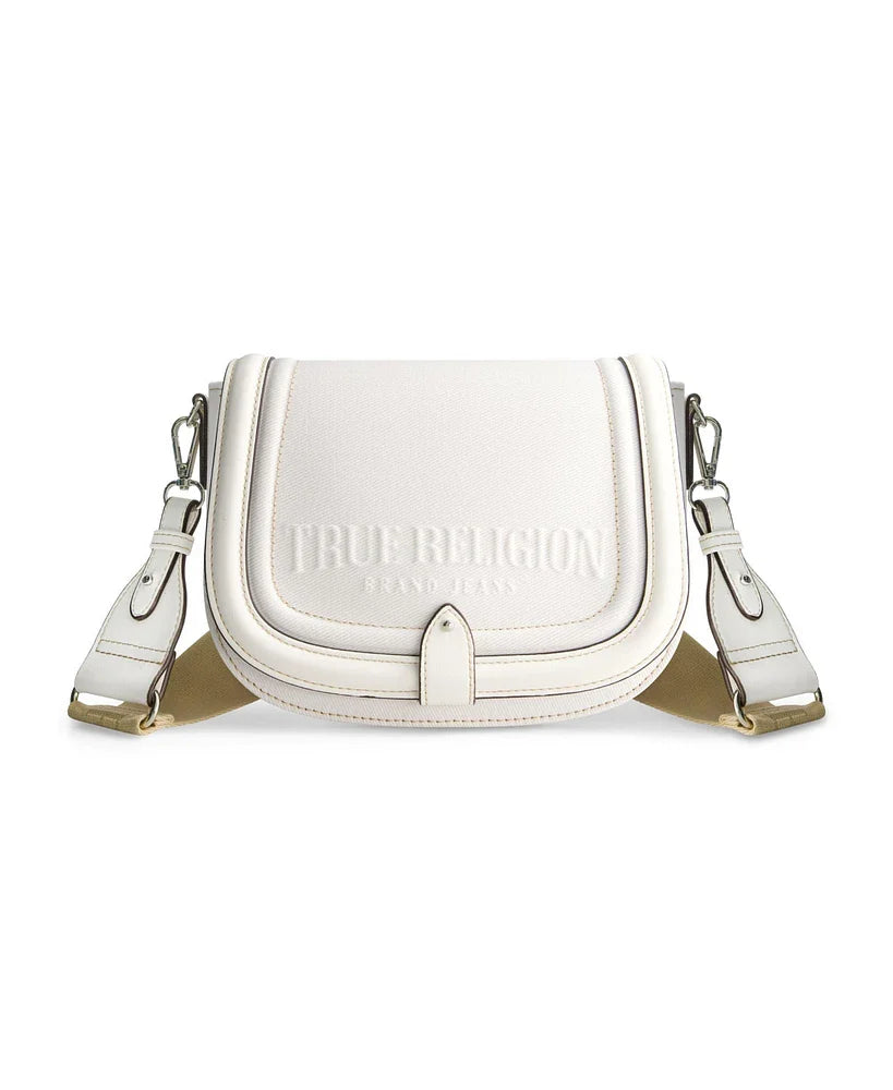 TRUE RELIGION DISTRESSED LOGO DENIM SADDLE BAG, WHITE