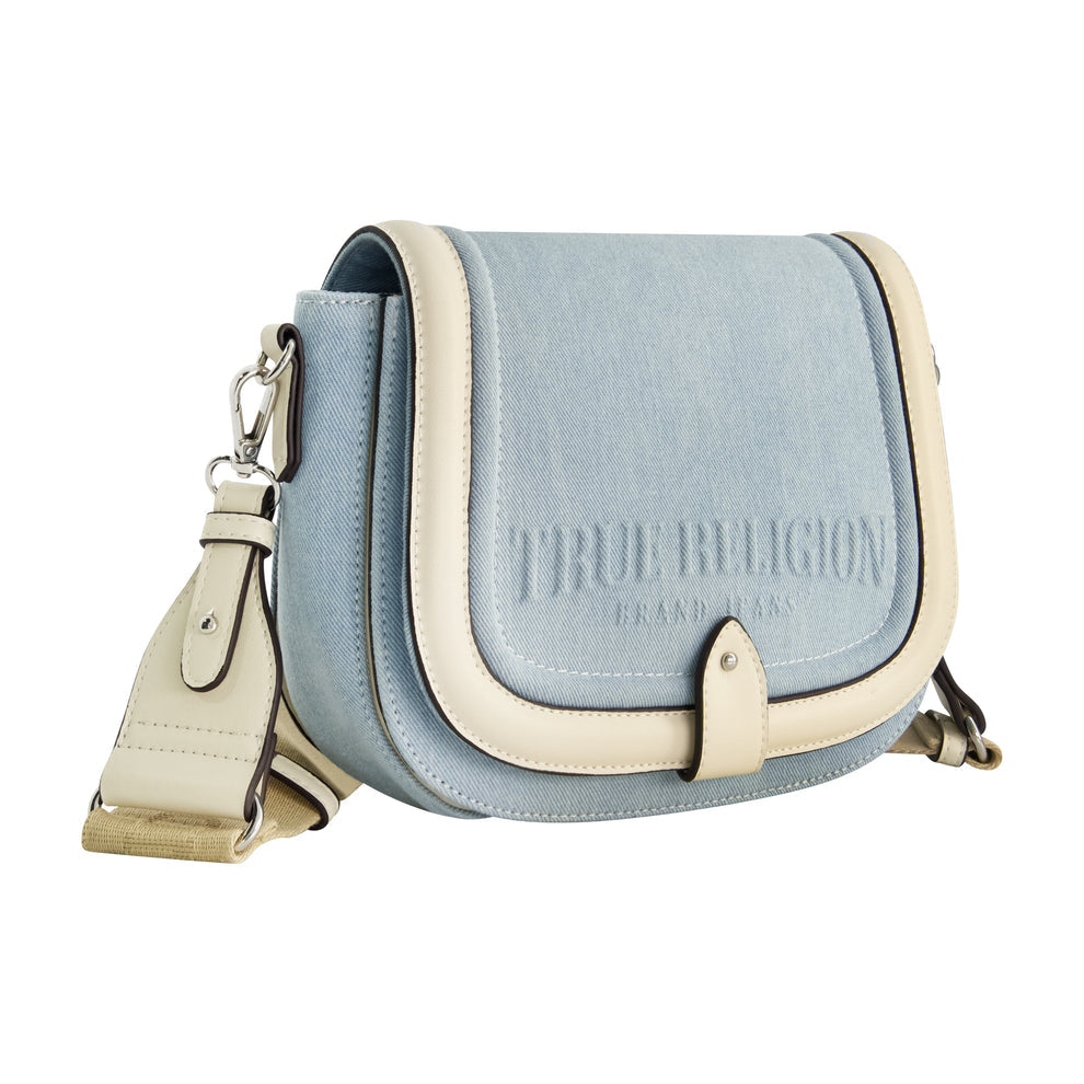 TRUE RELIGION DISTRESSED LOGO DENIM SADDLE BAG, LIGHT BLUE