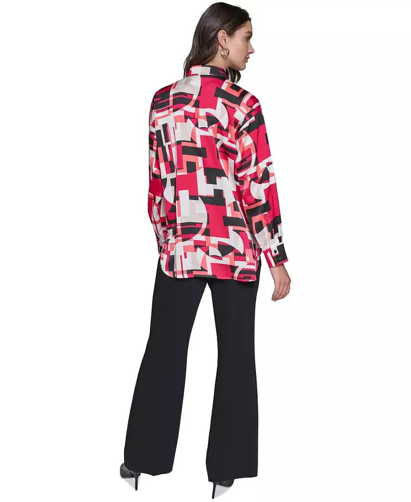 KARL LAGERFELD PARIS Women's Satin Printed Oversized Button-Front Top size M