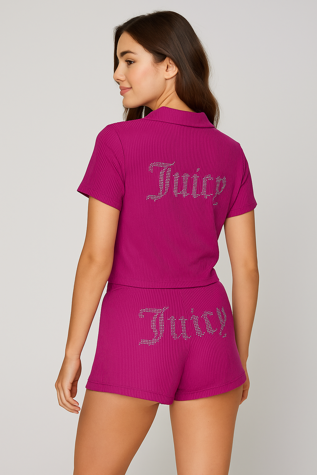Juicy Couture Women's Ribbed Velour Pajama Set – Magenta "Juicy" Rhinestone Logo size L