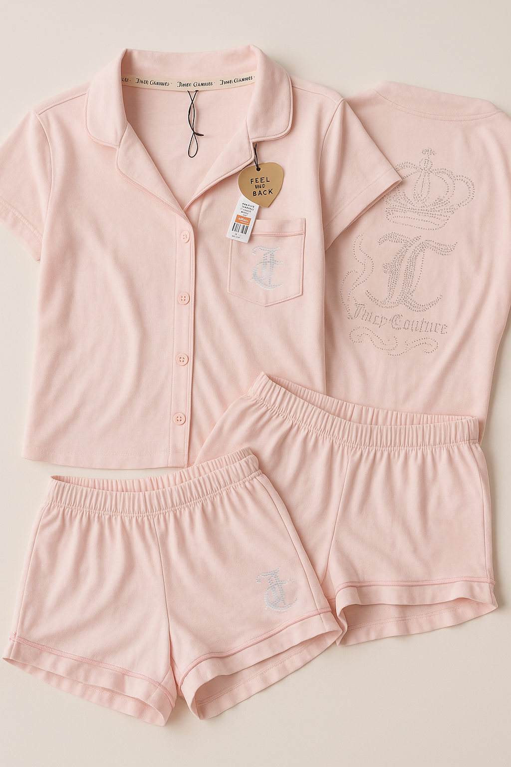 Juicy Couture Women's Rhinestone Logo Pajama Set – Pink Short Sleeve Button-Up & Shorts