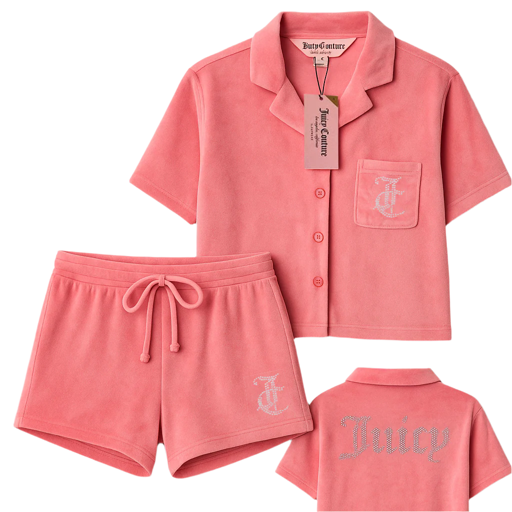 Juicy Couture Velour Pajama 2 Pcs Loungewear Button Up Top Shorts