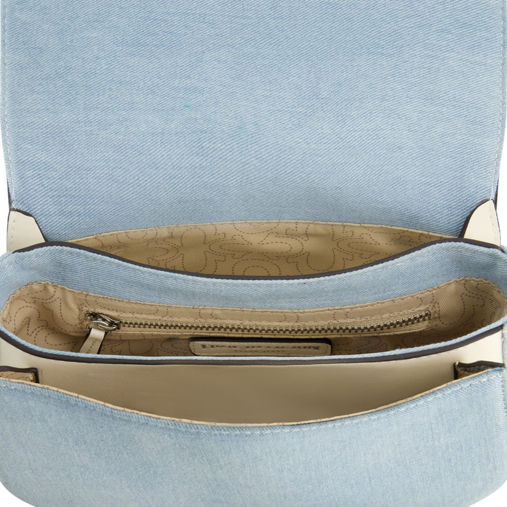 TRUE RELIGION DISTRESSED LOGO DENIM SADDLE BAG, LIGHT BLUE