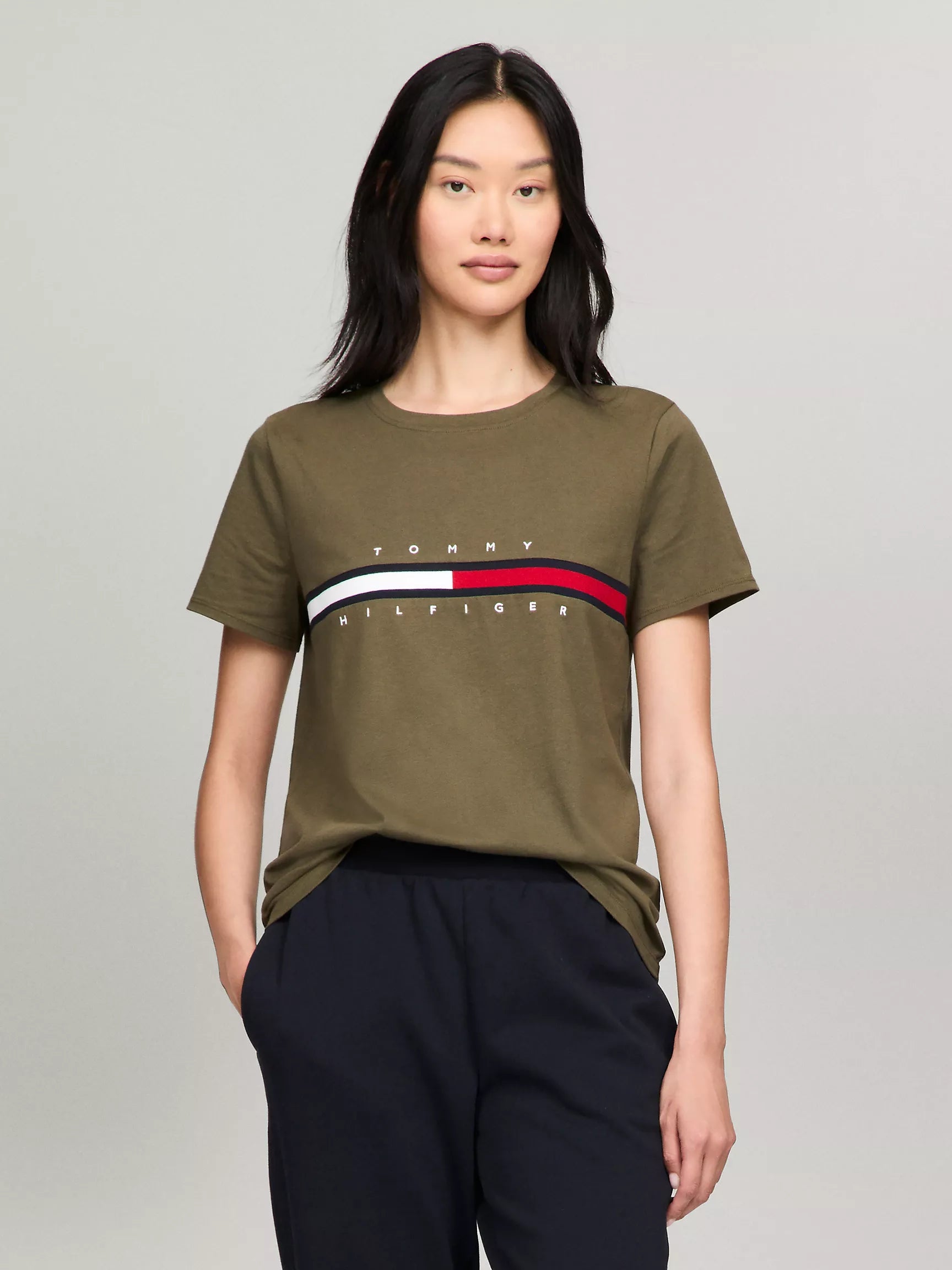 Tommy Hilfiger Embroidered Flag Stripe Logo T-Shirt Army Green