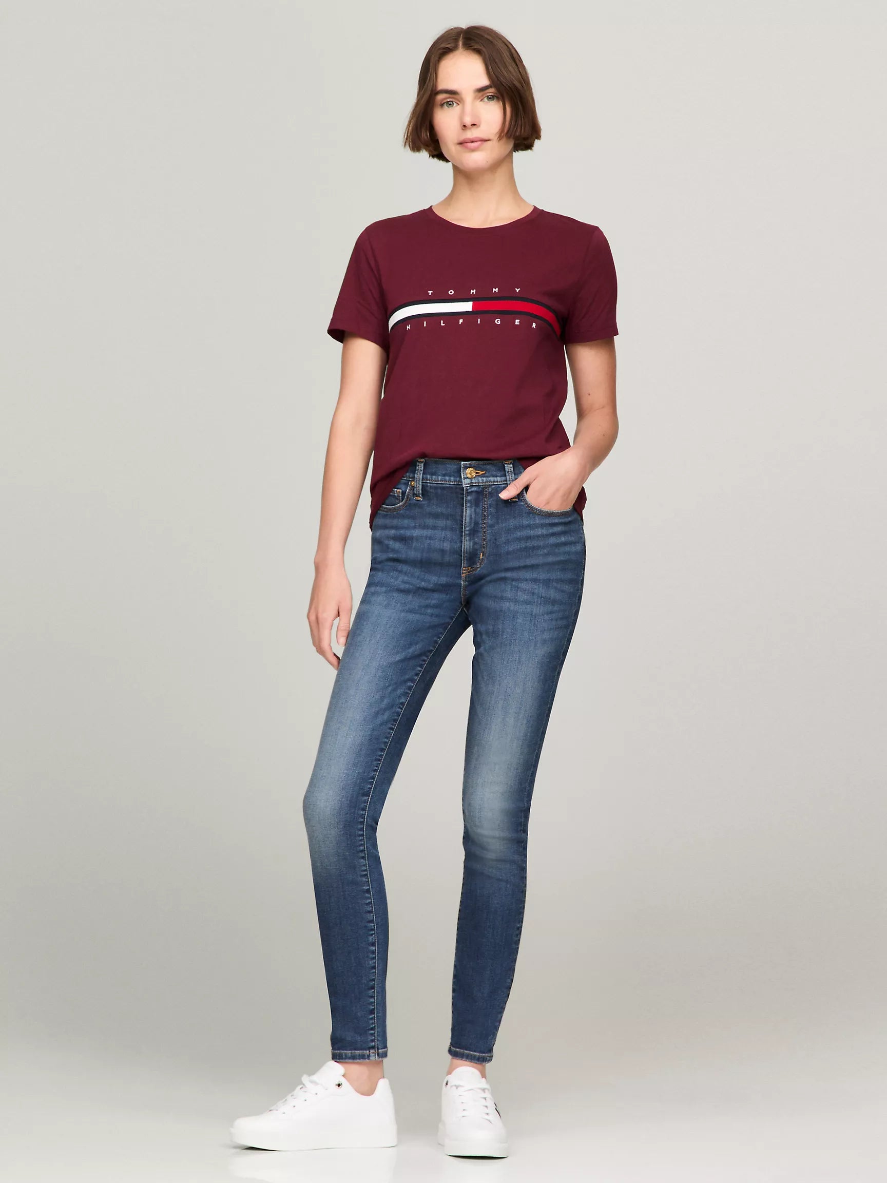 Tommy Hilfiger Embroidered Flag Stripe Logo T-Shirt Deep Rouge