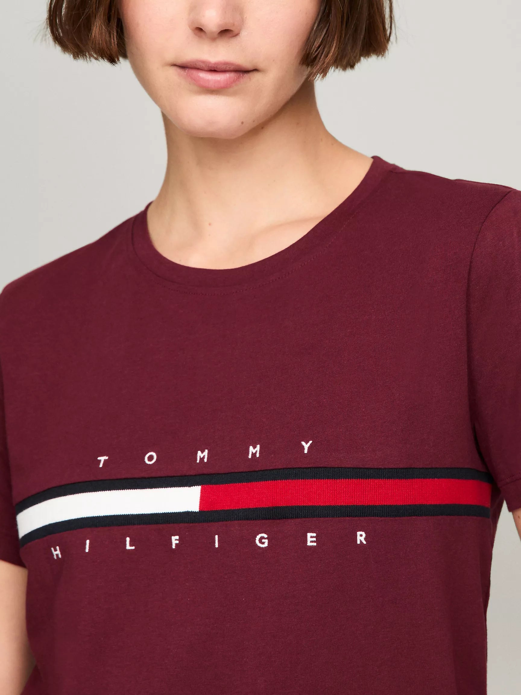 Tommy Hilfiger Embroidered Flag Stripe Logo T-Shirt Deep Rouge