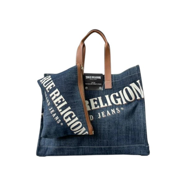 True Religion XL Tote Denim Bag with Cosmetic Pouch