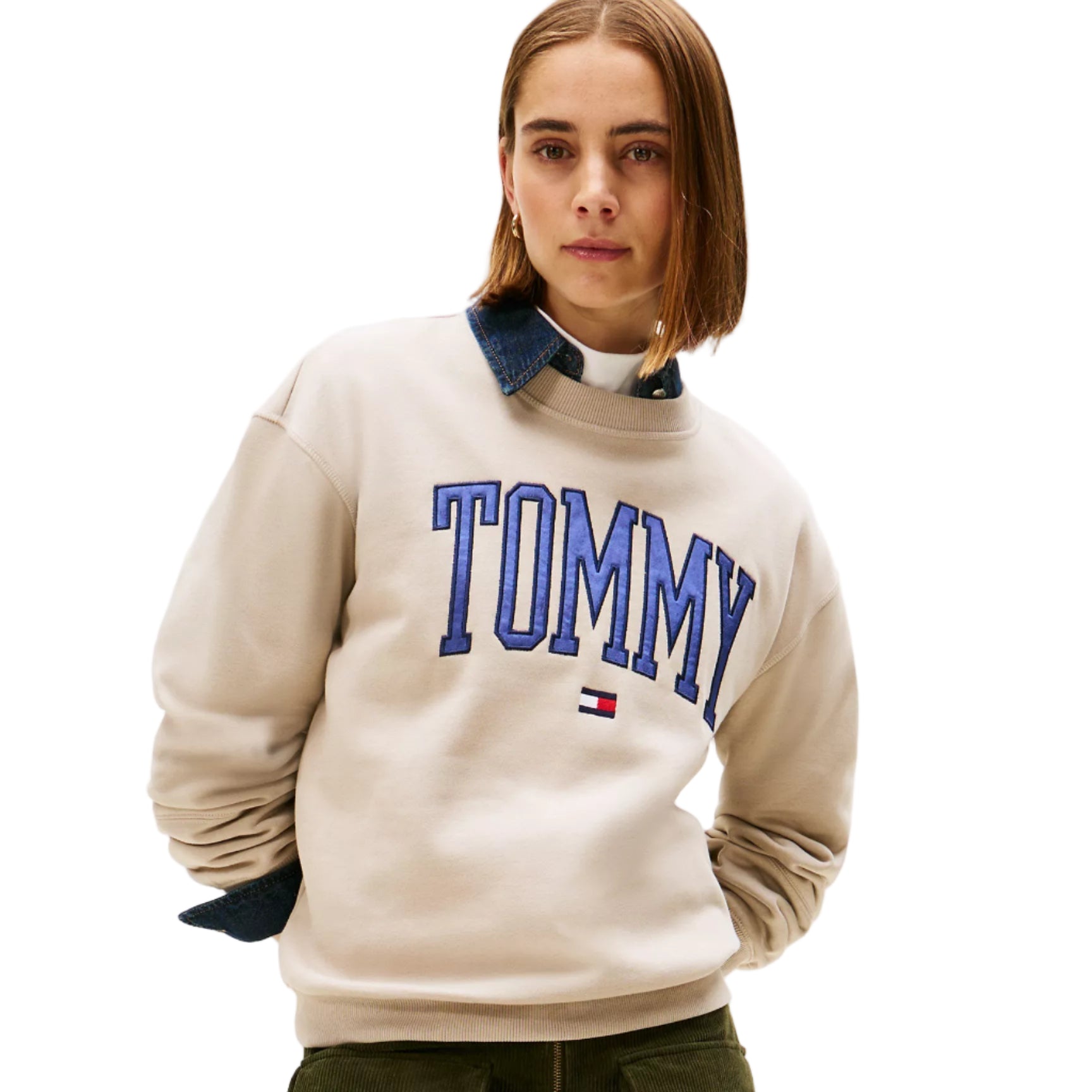 Varsity Tommy Logo Crewneck Sweatshirt Beige