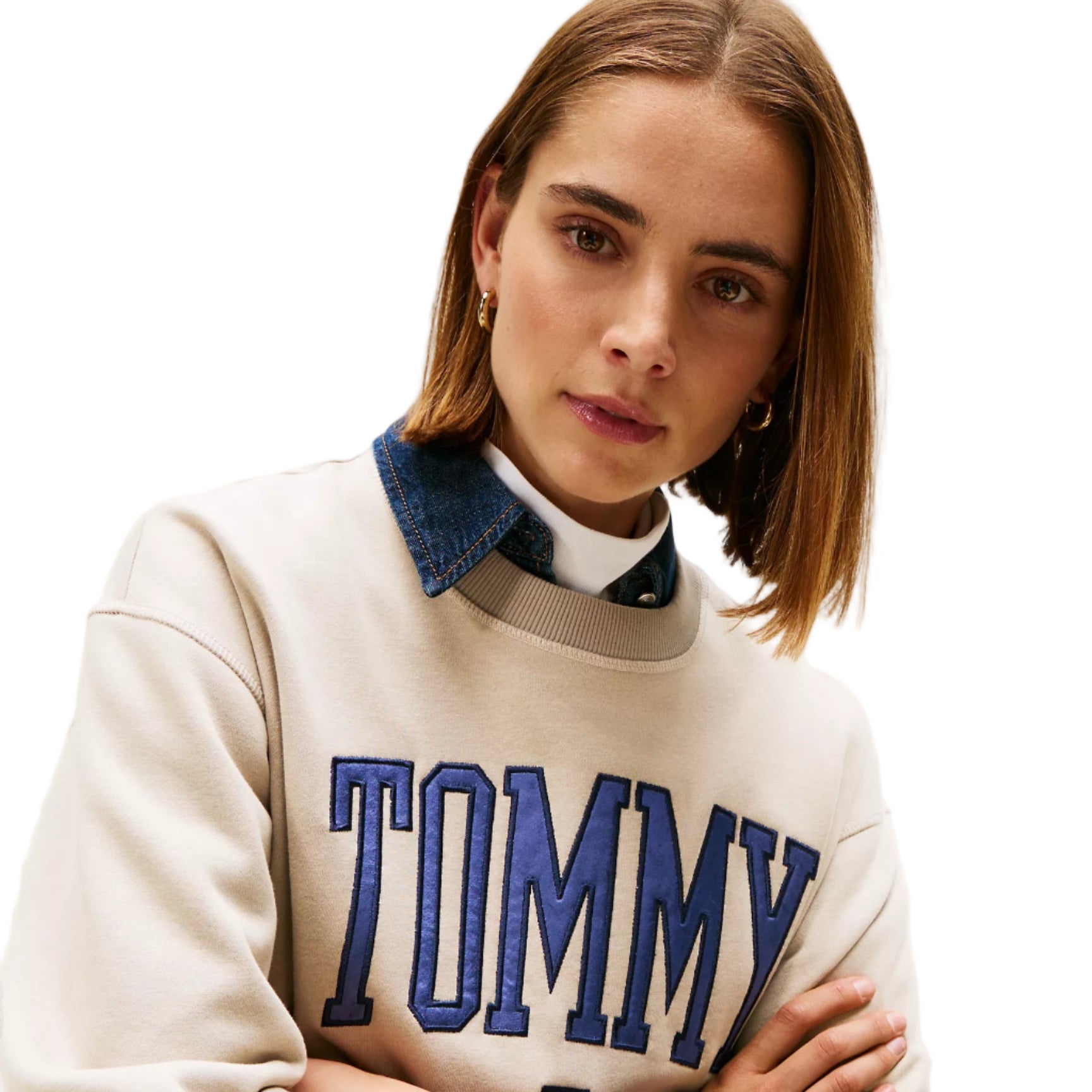Varsity Tommy Logo Crewneck Sweatshirt Beige