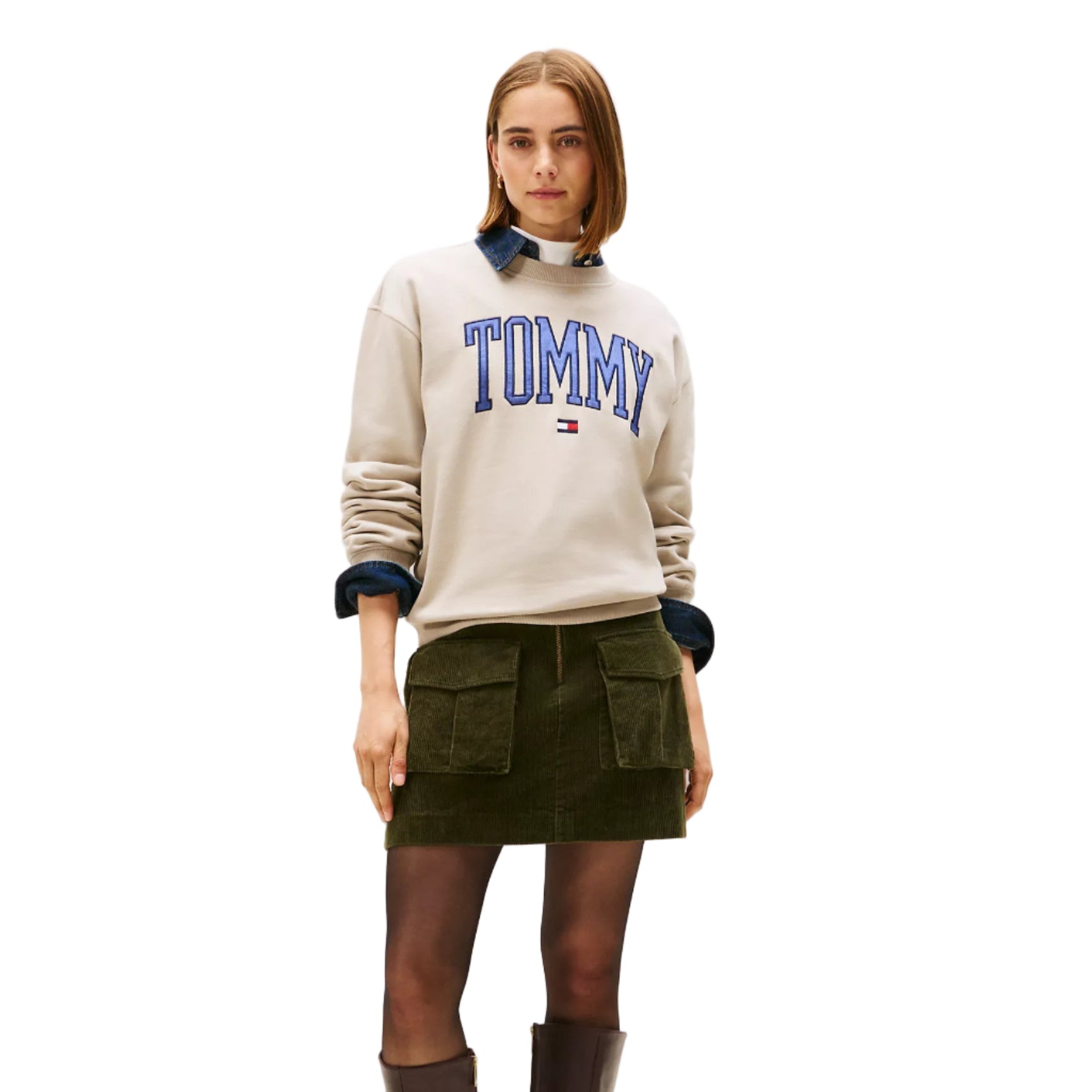 Varsity Tommy Logo Crewneck Sweatshirt Beige